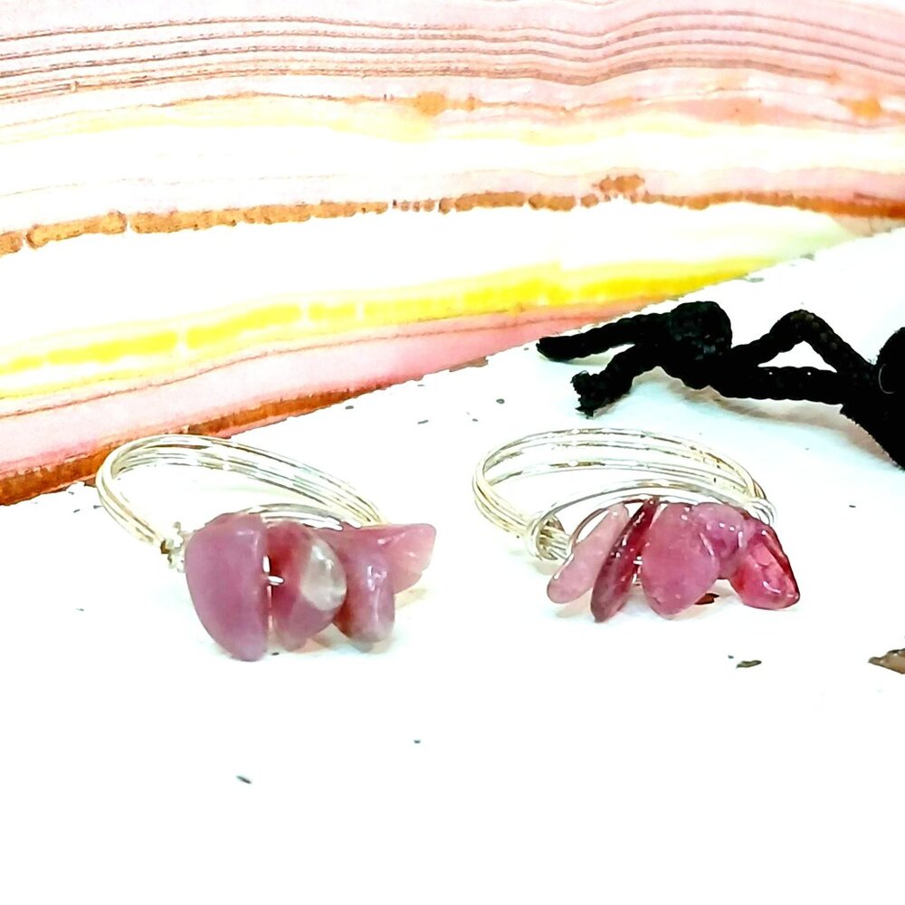 Pink Tourmaline Gemstone Beaded Wire Ring, Crystal Dainty Chic Cute Silver